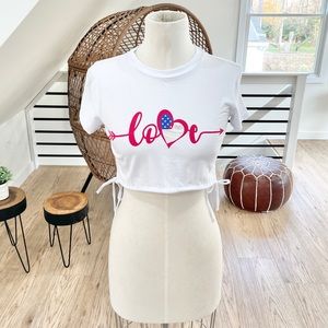 NWT M, XL white love, heart flag T-shirt crop top